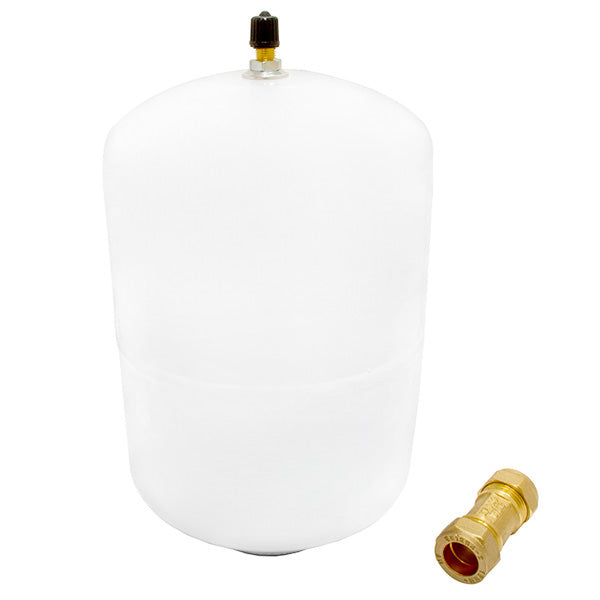 A Varem 2 litre potable expansion vessel & a 15mm check valve (contents of Ariston Kit A) on a white background